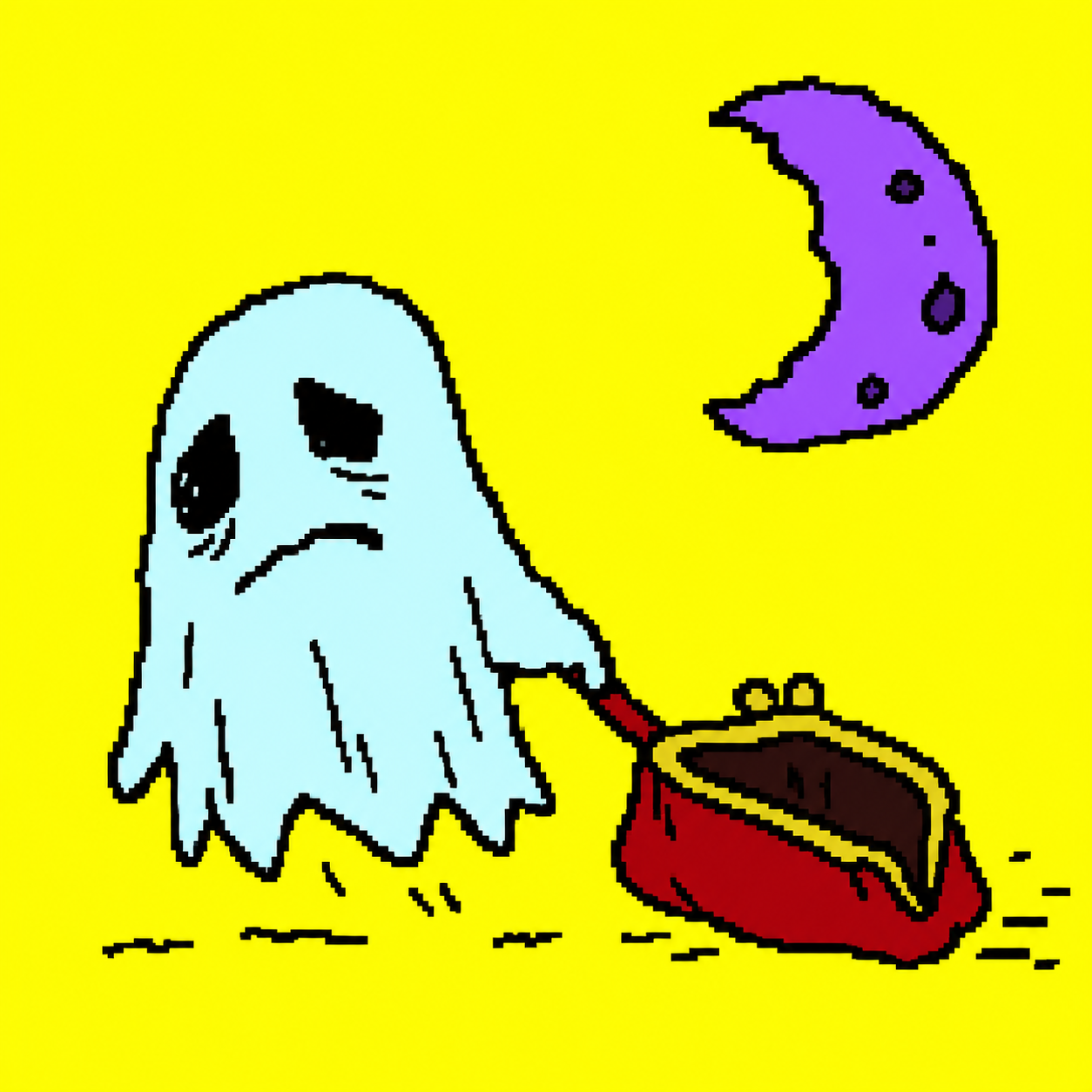 A badly drawn exhausted blue ghost dragging an empty red coin purse